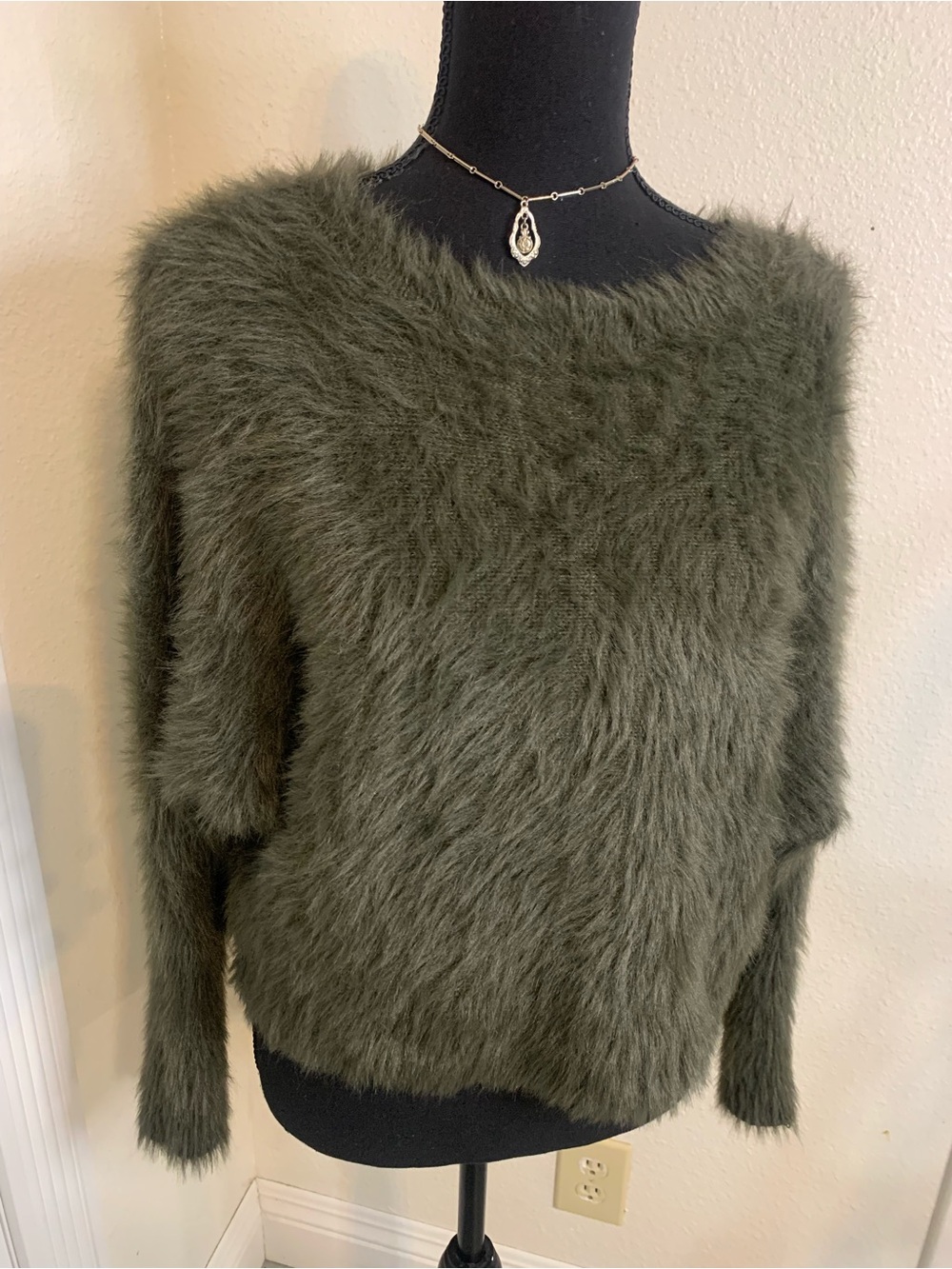if it were me Olive Green Faux Fur Crewneck Sweater